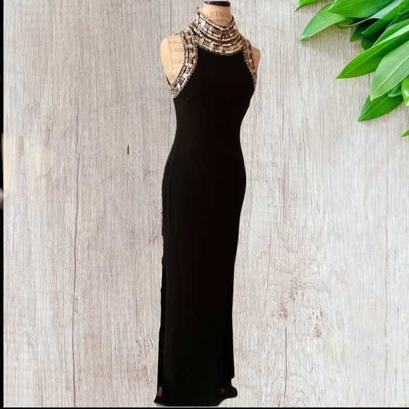 Aqua Black Mock Neck Beaded Sleeveless Gown Size 6 - Picture 5 of 16